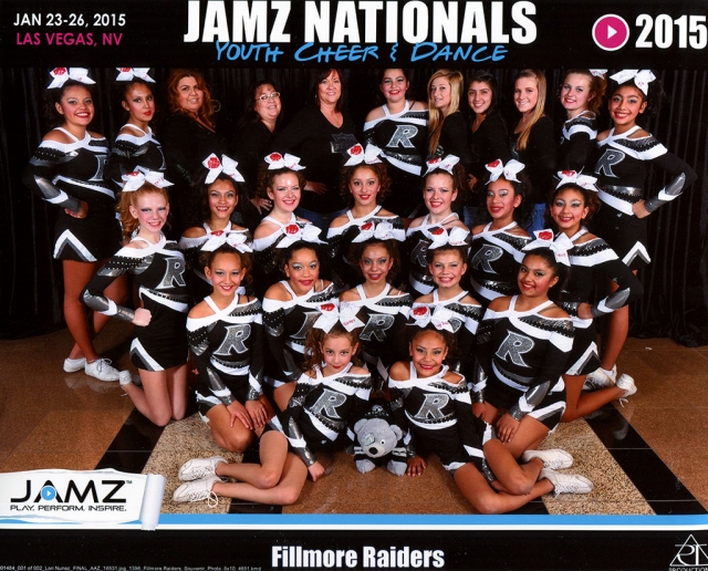 Fillmore Raiders 2014/2015 Competition Squad. The Fillmore Raiders girls: Ryleigh Westrup, Daniella Lucas, Angelina Delgadillo, Alyssa Brooks, Jada Plummer, Aiesa Rodriquez, Valeria Cruz, Lilliana Contreras, Tatyana Viella, Maddie Davis, Natalie Cruz, Alexis Van Why, Hennassy Marquez, Jordyn Rolfe, Jayni Rolfe, Daisy Andrade, Mersaydez Cardona, Jazmine Chavez and Sasha Segovia.