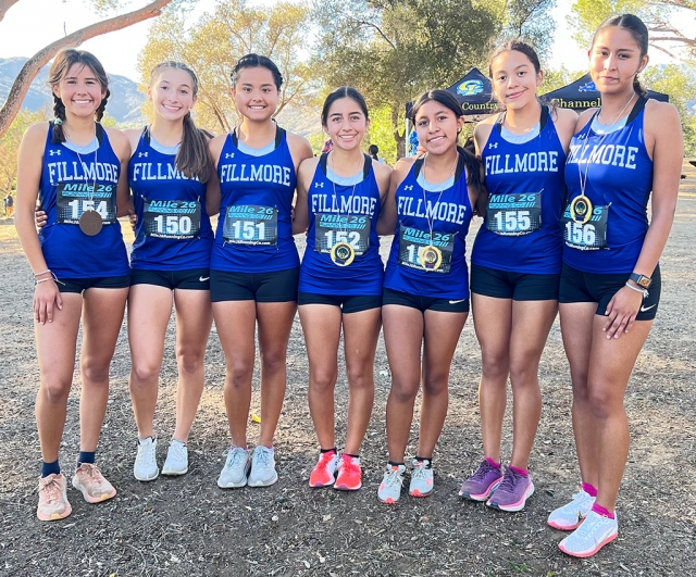 The Lady Flashes Cross Country team will advance to the CIF Finals to take place Saturday, November 19th at Mt. Antonio College. Pictured are the Lady Flashes Girls team: (l-r) Alexandra Martinez, Leah Barragan, Monique Hurtado, Andrea Laureano, Niza Laureano, Diana Santa Rosa, and Nataly Vigil. Photo Credit FHS Cross Country Coach Kim Tafoya.