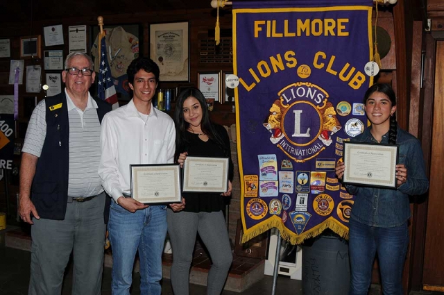 On Monday, February 5th the Fillmore Lion’s Club held their 81st Lion’s Club Student Speaker Contest. This year’s topic was “Integrity and Civility Play What Role in Today’s Society?” Pictured (l-r) is Lion’s Club President Bill Edmunds presenting awards to Runner-up Jesus Cortez 12th Grade, 1st Place Winner Aliana Jailene Herrera 12th Grade, and Runner-up Jennifer Orozco 9th Grade all from Fillmore High School. Runner-ups received $25 and 1st place received $100 and will move on to compete at the Zone 8 contest in early March 6th at the Camarillo Boys and Girls Club. This year’s judges were Sue Curtis, Kate English and Dr. Cynthia King.