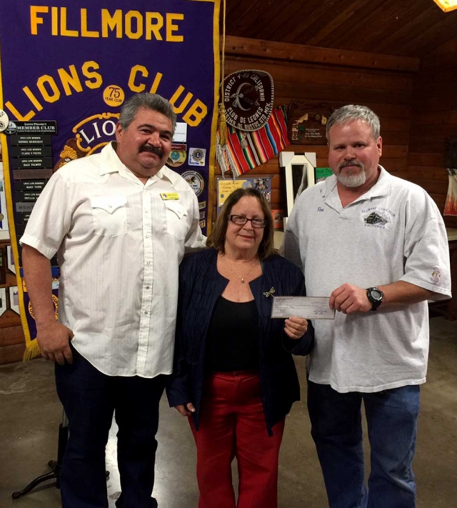 The Fillmore Lions Club has handed a check for $500 to the Santa Clara Valley Boys and Girls Club. The money is part of the Lions’ continuing support of this club, as well as other community organizations. (r-l) Club Vice President Eddie Barajas, Boys and Girls Club CEO Jan Marholin and Club Treasurer Ron Smith. Submitted By Brain Wilson.