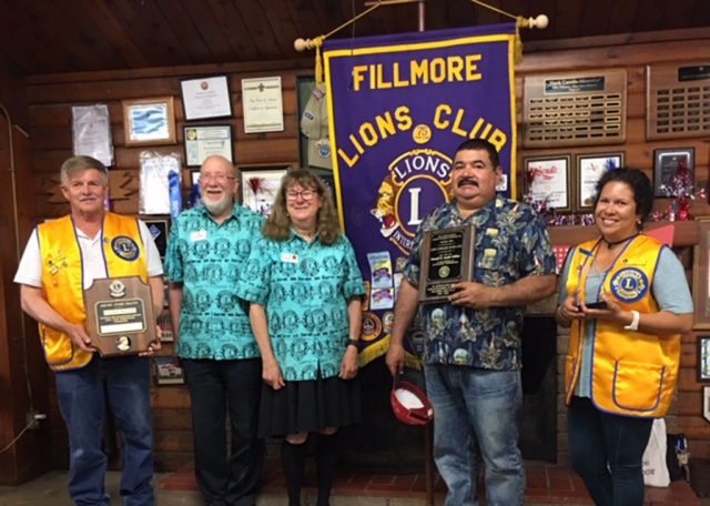 The Fillmore Lions Club recently recognized three members for the multiple club awards. Pictured (l-r) is Stephen McKeown, “Lifetime Achievement Award” recipient, Lion’s District Representative Bill Dunlevy (award presenter), Lion’s District Representative Margaret Dunlevy (award presenter), Eddi Barajas “Don Snyder Award” recipient, and Jaclyn Ibarra “Lion of the Year” award recipient. Photo courtesy Jan Lee.
