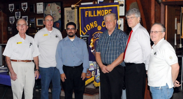 Monday, April 4th the Fillmore Lions Club installed three new members. Pictured (l-r) Lions President Bill Dewey, Dorsey Smith, (new members) Felipe Perez, Doug Hauge, (not pictured) Dave Roegner, Toby Scott, and Installing Officer Scott Lee.