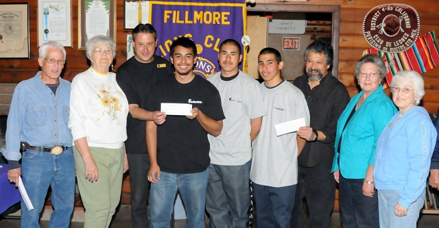 Fillmore Lions Club presented five organizations with donations during Monday night’s meeting. Jack Stethem presented Raelene Chaney from Grad Night Live $750; Mary Tipps presented Elias Valdes from Santa Clara Valley Hospice $750; Victor Gongora presented Daniel Gonzales, Brian Ayala, and Francisco Enriques from One Step Program $1000. Also pictured Barbara Olsen. The Lions Club also donated $200 to the Sespe Players and $300 to Friends of the Library.