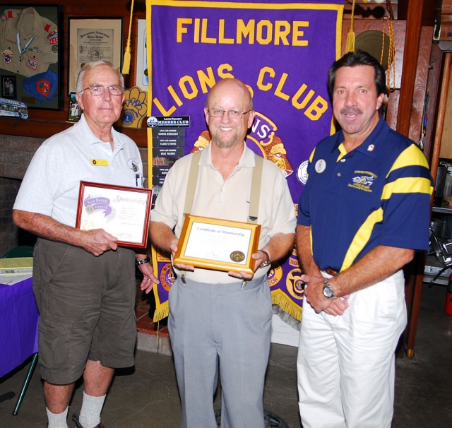 The Fillmore Lions Club was pleased to host the Lions District Governor, Mike Brown (right), Monday, September 20th. As well as his inspirational talk, he was pleased to induct a new Lion member into the club, Brian Wilson (middle). Here he is pictured with Brian and Lions Club President Bill Dewey (left).