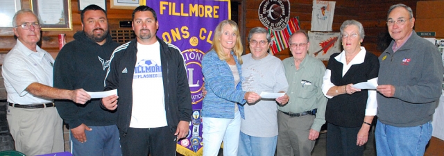 Fillmore Lions Club held their monthly meeting Monday night. The Lions donated $1500 to local organizations: Fillmore High School Art Program $200, Santa Clara Valley Hospice $750, Sespe Players $200, Fillmore High School Soccer Program $350, and Fillmore Friends of the Library $200.
