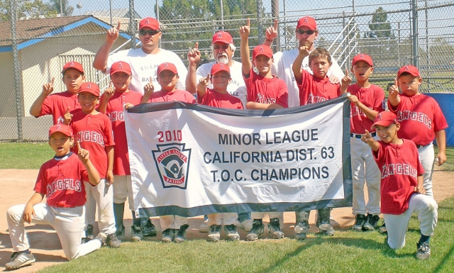 Starting with a record of 17 wins 1 loss, Fillmore Little League’s Minor “A” Angels went into the District 63 Tournament of Champions. On Monday June 14, 2010 the Angels defeated the Marlins of Saticoy 9-5 and on Wednesday June 16, 2010 the Angels defeated the White Sox also from Fillmore 8-0 leading them to the Championship game on Saturday, June 19, 2010. After a very close and exciting battle the Angels defeated the Yankees of Ventura Coastal Little League 11-9 winning the title of T.O.C CHAMPS!!! Pictured left to right- Ricky Holladay, Frankie Valdez, Joey Zepeda, Jahkob Bustos, Andres Avila, Roman Tarango, Anthony Morales, Zachary Tipton, Julian Lizarraga, Sammy Lozano and Johnny Ordaz. Back row, Coach Anthony Morales, Manager Joe Campos, Coach Justin Tipton.