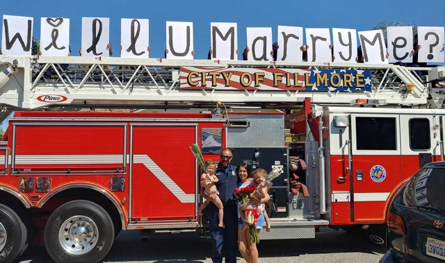 The Fillmore Fire Department was privileged to be part of engineer Jason Arroyo’s surprise Fourth of July wedding proposal. Fellow firefighters sat on top of the fire truck and spelled out the words “Will U Marry Me?” Congratulations to Jason Arroyo and his fiancé Sarah L Garcia. Photos courtesy Fillmore Fire Department.