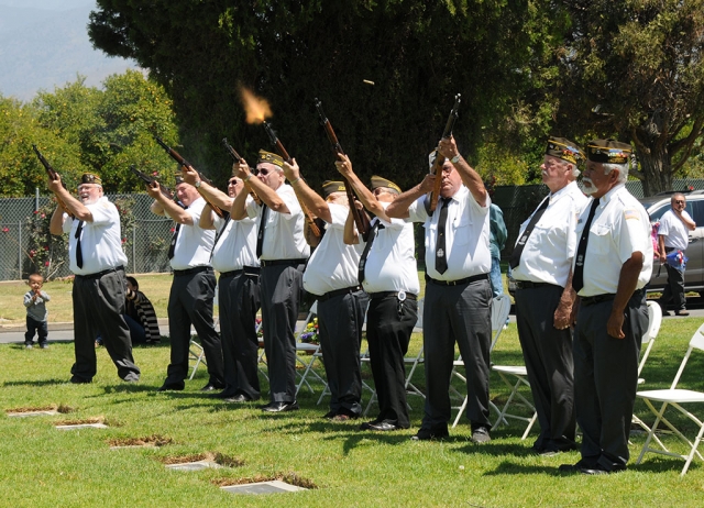 Fillmore Veterans of Foreign Wars Post 9637 fire a 21-gun Salute on Memorial Day 2014. The Service was held at Bardsdale Cemetery on Monday, May 26th, honoring our fallen war heroes. Fly-Over Missing Man Formation performed by the 805th Navion Squadron, David Swett, Lead; Kurt Young, Element Leader; David Vanoni and Eric Johnson, Wing. Opening Remarks, Scott Lee, President Board of Trustees; Presentation of Colors, Veterans of Foreign Wars, Fillmore Post 9637. Special Music - Bardsdale Methodist Church Choir, Memorial Day Message - Commander Michael J. Hammond, Retired, U.S. Navy. Placing of Wreath - Jim Rogers, Memorial Service - Rev. Bob Hammond, St. Stephens Anglican Church, Special Music - Bardsdale Methodist Church Choir, Reading of Names of Those Who Died in the Service of our Country VFW Service Officer - Jim Mills, Volly - Honor Guard VFW, Taps - Bob Thompson. Conclusion of Service - Release of Doves - Garcia Mortuary. We would like to thank the Boy Scouts and Bardsdale 4H for placing and removing flags and Chapter GY PEO for furnishing cookies.