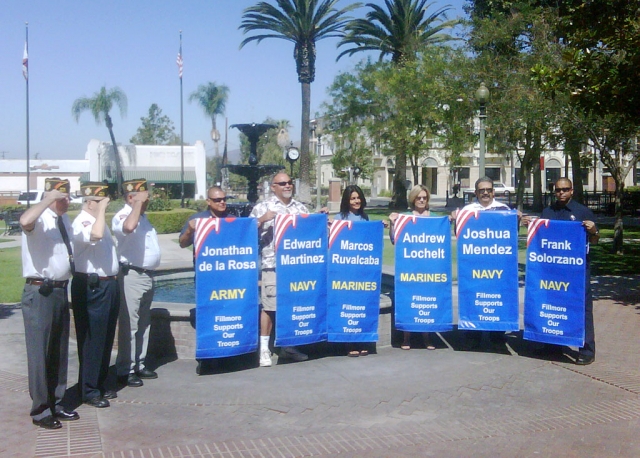 More military banners were presented on Wednesday, July 15, in front of Fillmroe City Hall. The hometown soldiers they honor are Jonathan de la Rosa (Army), Edward Martinez (Navy), Marcos Ruvalcaba (Marines), Andrew Lochelt (Marines), Joshua Mendez (Navy), and Frank Solorzano (Navy).