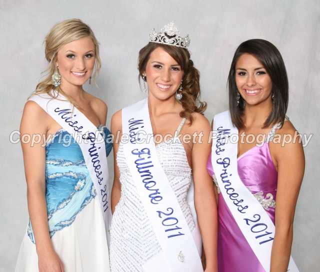 2011 Miss Fillmore and her court. (l-r) 1st Princess Taelor Burhoe, Miss Fillmore Riley Wright, 2nd Princess Mariah Perez. Award recipients were as follows: Samantha Wokal Miss Photogenic, Riley Wright People’s Choice, Mariah Perez Miss Congeniality.