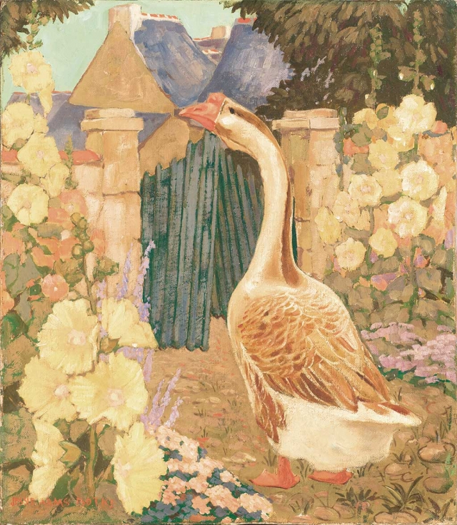“Goose at Gate” by Jessie Arms Botke, c. 1920s, oil on board, 16” x 14” (available in the live auction).