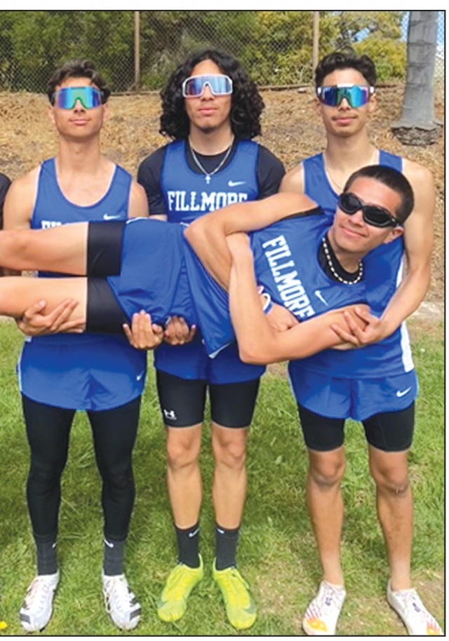 On Thursday, April 27, Flashes Boys Track team won the 4x100m relay which allowed them to claim the title of Citrus Coast League Champs for Track & Field. Pictured is Fillmore boys team members Diego Amezcua, Xander Mendez, Daniel Magana, and Johnny Contreras. Courtesy FHS Track & Field Coach Kim Tafoya.