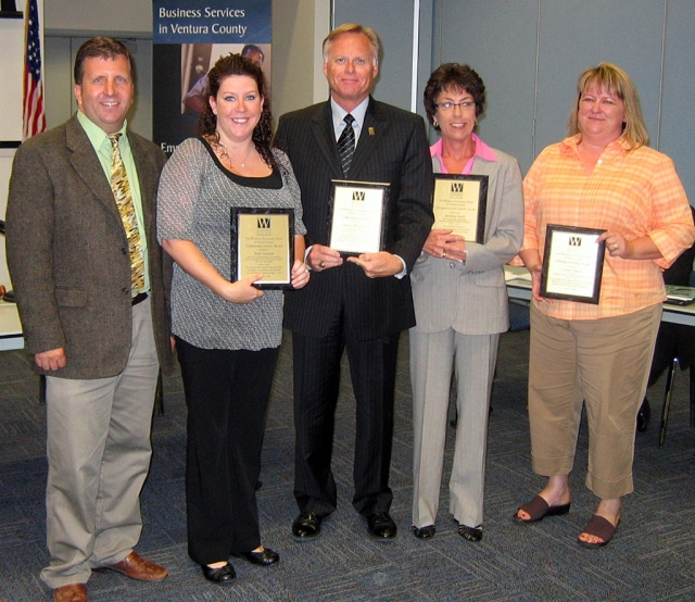 Alex Teague (left), Chairman of the Ventura County WIB, announced this year's WIB award winners: Erin Antrim, Charles Weis, Archina Scott and Cindy Adams. The annual awards recognize individuals and organizations exhibiting exemplary dedication to advancing workforce development in Ventura County.