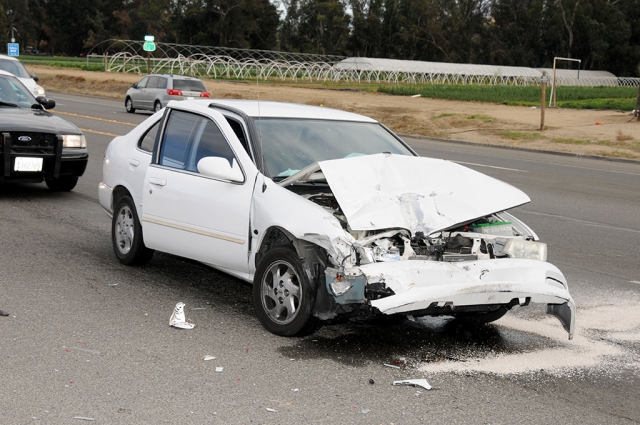 On Friday, November 14th at 10:30 a.m., a 2-car collision occurred on Highway 126 and Old Telegraph Road. One car suffered serious rear-end damage, above; the other suffered substantial front-end damage. The female driver was transported by ambulance. The Ventura County Fire Department handled the scene.