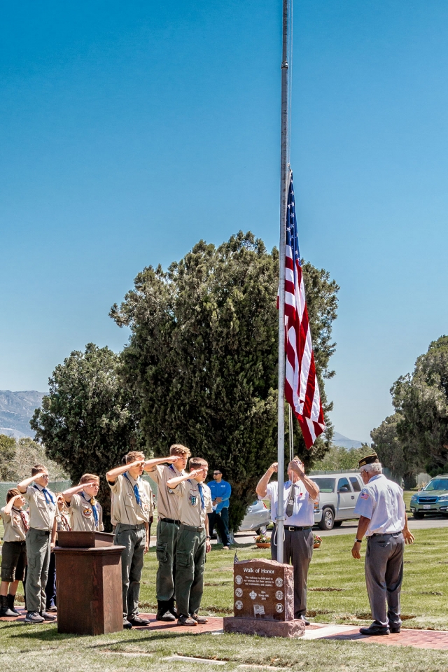 The Bardsdale Cemetery held a Memorial Day Ceremony on Monday, May 28th at 11:00AM. The Ceremony started with a fly-over by the 805th Navion Squadron. This year’s featured speaker was Gordon A. Richardson who has 28 years of service in the Army. Reverend Bethany Carpenter of the Bardsdale Methodist Church gave the Memorial Service. Assisting at the ceremony was VFW Post 9637, Boy Scout Troop 406, Cub Scout Troop 3400 and Bob Thompson. Pictured is Boy Scout Troop 406 and Cub Scout Troop 3400 as they salute for the raising of colors. Photo by Bob Crum.
Crum.