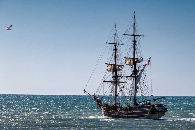 Photo of the week "The Lady Washington heading out to sea... with a seagull observer" by Bob Crum. Photo data: Canon 7DII, manual mode, Tamron 16-300mm lens @162mm, aperture f/11, shutter speed 1/200th second.