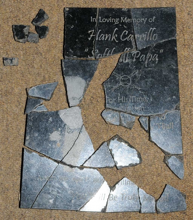 The Gazette was informed this week that a memorial plaque honoring the late Hank Carrillo at the entrance to Shiells Park was destroyed. Some ignorant fool smashed the plaque with a rock. The Gazette photographed the scene and recovered as much of the plaque as possible. Hank was an inspirational friend to many, particularly to high school team sports. The electronic scoreboard at the football field is dedicated to his memory, as signs at the softball and baseball fields. It’s hoped that this plaque will soon be restored to its place of honor at Shiells Park.