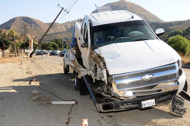 On Wednesday, August 23rd at approximately 3:40pm, traffic came to a halt near the bottom of Grimes Canyon. The driver of a white Chevy pickup truck, which had been traveling North on Grimes Canyon, lost control and slammed into an electrical pole. No injuries were reported at the time of the accident and cause is still under investigation.