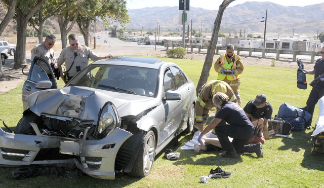 At approximately 10:45 a.m. Tuesday, a car was driven off Highway126, immediately before the Pole Creek crossing. The vehicle, with elderly driver and no passengers, left the roadway, crossed through the grassy park area and collided with a power pole, a distance estimated at 100 feet, 50-feet from the edge of the Pole Creek storm drain channel. The driver was quickly assisted by members of the County Sheriff’s Department, Fillmore Fire Department, and Fillmore’s emergency medical unit. (Note from publisher: If you’re going to be in an accident - let it happen in Fillmore. No better assistance in the county is available!)