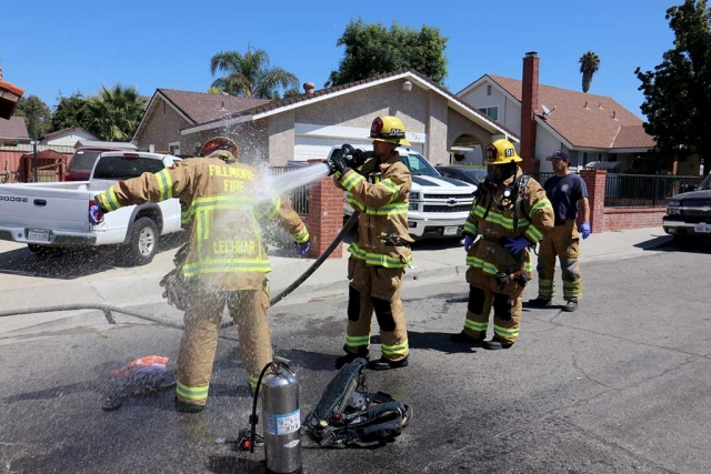 On Sunday, August 27th at approximately 10:33am, Fillmore Fire Department received multiple calls about an explosion in the 700 block of Balden Lane. Firefighters responded, locating the homeowners outside and one individual who was showing signs of exposure. Upon evaluation the individual advised first responders that he was in the kitchen mixing his pool chemicals when it caused a small explosion. He was immediately hosed off and transported to a local hospital for treatment. The firefighters confirmed that the chemicals were secured in the bucket and no further risk existed. Firefighters were decontaminated for precautionary reasons, but there was no risk to the environment or the surrounding area. Photos Courtesy Fillmore Fire Department.