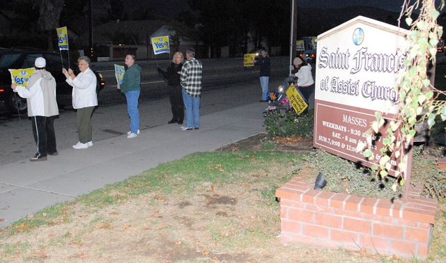 Yes on 8 supporters came out in sturdy numbers Friday through Monday before the November 4th election. The sign-holding event took place in front of St. Francis of Assisi Church in Fillmore. At press time Proposition 8 was ahead in the polls but had not declared a victory. The Proposition supports a constitutional ban on same-sex marriage.