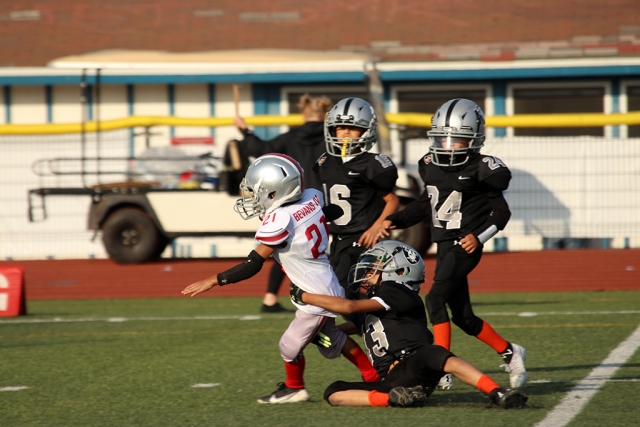 Raider’s Bantams took on Valley Rush on Saturday, September 25th. Above, Raiders take down a Rush Valley player. Final score 50 – 6, Rush Valley. Photos courtesy Crystal Gurrola.