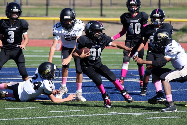 Following are the Fillmore Raiders game results for Saturday, October 20th: Raiders Mighty Mites Black (away game) vs. Ventura, 32-14, Raiders. Raiders Mighty Mites Silver (home game) vs. Oxnard, 14-6, Raiders. Raiders Bantams (home game) vs. SF Rush, 28-14, Rush. Raiders Sophomores (away game) vs. Santa Paula, no score reported. Raiders Juniors (home game) vs. Camarillo, 20-8, Raiders. Raiders Seniors (home game) vs. Santa Barbara, 1-0, Raiders. This week’s games will be October 27th: Raiders Might Mites Black vs. Camarillo 2:30pm at Fillmore High School. Raiders Mighty Mites Silver vs. Grace Brethren Red 8am at Grace Brethren High School. Raiders Bantams vs. Grace 12pm at Grace High School. Raiders Juniors vs. Saugus 9am at Bishop Diego High School. Raiders Seniors vs. Ventura 6pm at Rio Mesa High School. Photos courtesy Crystal Gurrola.