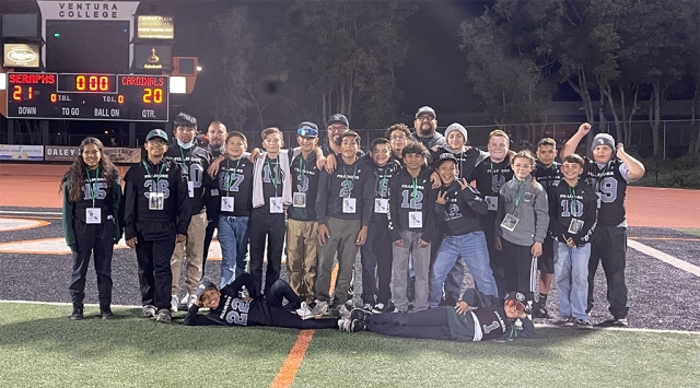 The Fillmore Raiders Juniors Silver Team was invited to St. Bonaventure's Homecoming football game, as they are 5-0! It was a special moment for Mikhale Albanez #42 as he joined his cousin Anthony Albanez #42 who is a senior at St. Bonaventure on the field. Albanez's finishing tackle after an initial stand-up hit on a two-point conversion attempt with 15-seconds remaining enabled St. Bonaventure to kick off defense of its Marmonte League title by defeating Bishop Diego, 21-20 on Homecoming night Friday, September 30th at Ventura College.