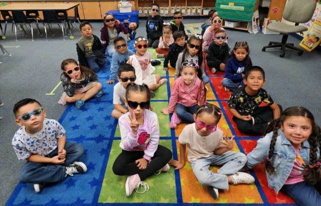 Fillmore Unified celebrated Red Ribbon Week. Pictured above are Mountain Vista Elementary students wearing shades celebrating the Red Ribbon Week theme, “My Future is so Bright Without Drugs, I Have to Wear Shades.” Inset, Fillmore Middle School students celebrated the theme “My Future is Too Bright for Drugs” and wore bright colors, including neon to celebrate Red Ribbon Week.