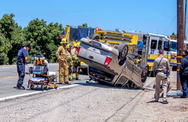 On Saturday, July 9th, 2022, at 1:52pm, California Highway Patrol, Ventura County Fire Department, and AMR Paramedics were dispatched to a reported traffic collision in the 1800 block of E Guiberson Road, Fillmore. Arriving firefighter’s reported a single vehicle on its roof, with one occupant out. One male patient was treated by AMR personnel, and was taken to a local hospital, condition unknown. Photo credit Angel Esquivel-AE News.
