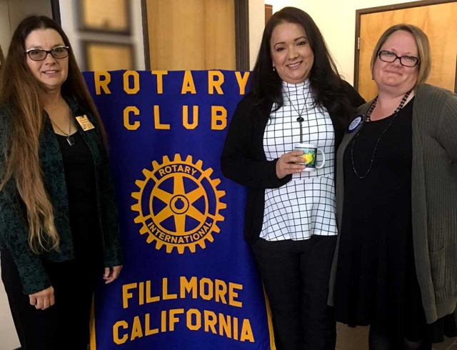 Fillmore Rotary Club Host Guest Speakers. (L-R)Julie Latshaw, Esmeralda Simental, Alicia Hicks, Program Chairman. Esmeralda Simental from the Ventura county Probation Agency was the guest speaker at Rotary. She related the various positions she has held over 24 years as a Peace Officer most dealing with youth. 