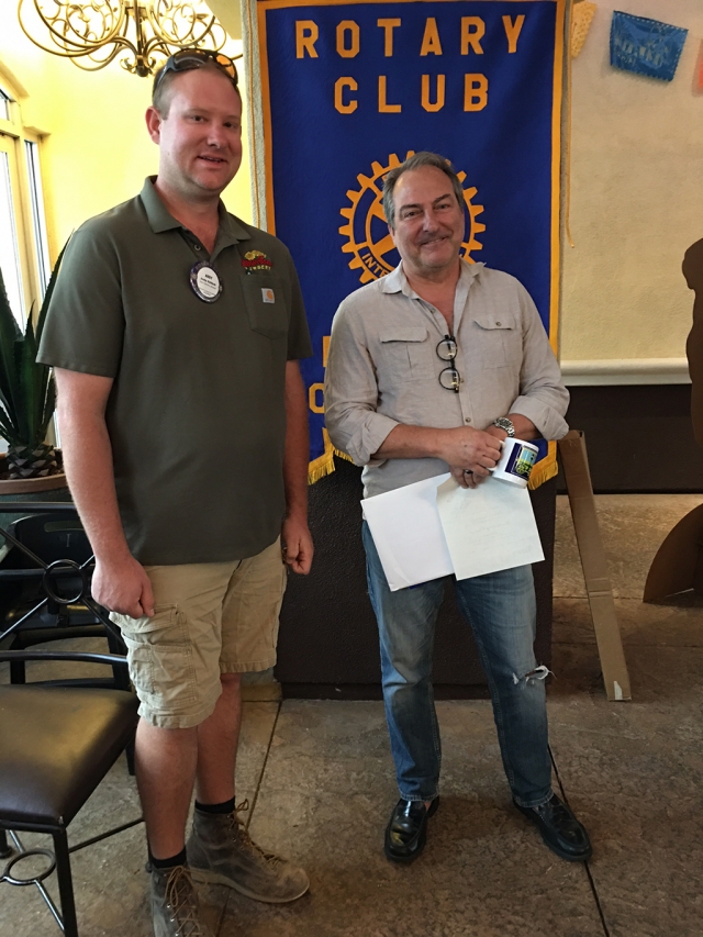 Rotary President Andy Klittich, left, inducted new member Greg Agostinelli into the club last week. Greg is the Arts Commissioner, and is involved locally in music, proposing the Film Festival concept. Photo credit Rotarian Martha Richardson.