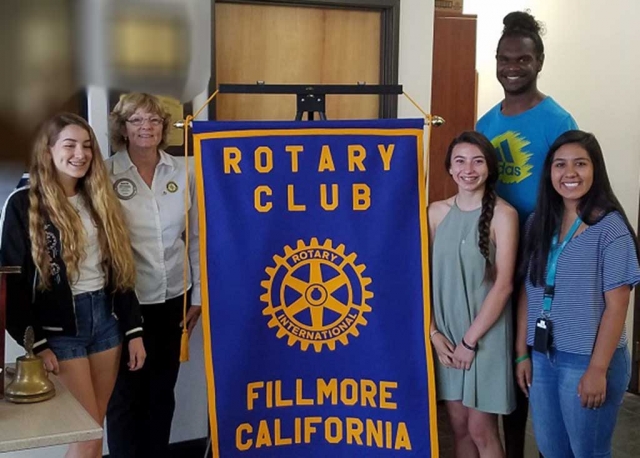Four Fillmore High School students attended the Rotary Youth Leadership Awards Camp in Ojai recently. They followed up with a visit to the Fillmore Rotary Club, who sponsored them, and told of their experiences. Pictured (L-R) Grace Garnica, RYLA Chair Martha Richardson, Yanelli Cobian, Josh Cox (Rotary Exchange Student from Australia) and Arianna Magana. Submitted by Martha Richardson.