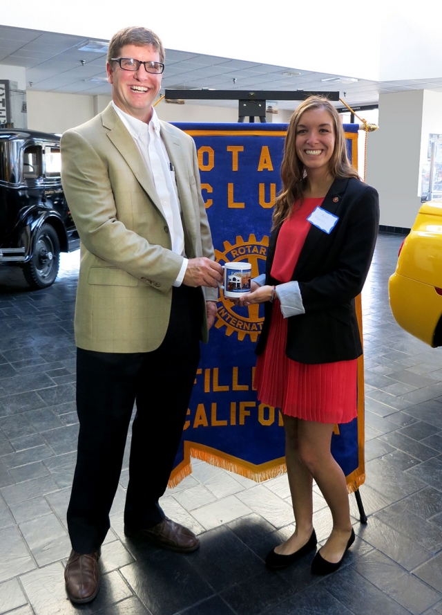 Sean Morris President and Ana Morino. Ana Morino, a former RYLA student and Rotary scholarship winner, spoke at Rotary last week and encouraged the current FHS scholarship winners, also present, to make goals and 