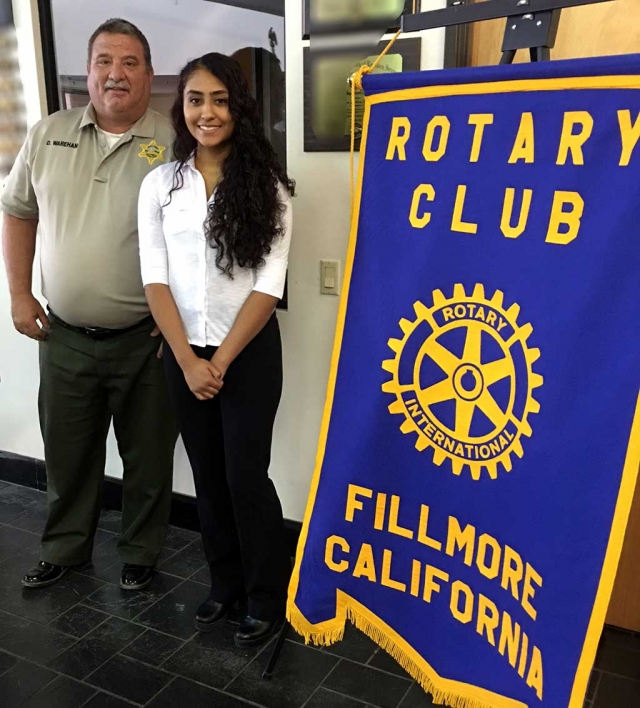 Fillmore Rotary Presents Rigo Landeros ‘Service Above Self’ Scholarship. Rotary President-Elect Dave Wareham presented Marisol Gonzalez with the Rigo Landeros ‘Service Above Self’ Scholarship. Marisol is involved in many areas of service including Explorers, mentoring at FHS, and helping with food distribution at One Step A La Vez. Photo Courtesy Martha Richardson.