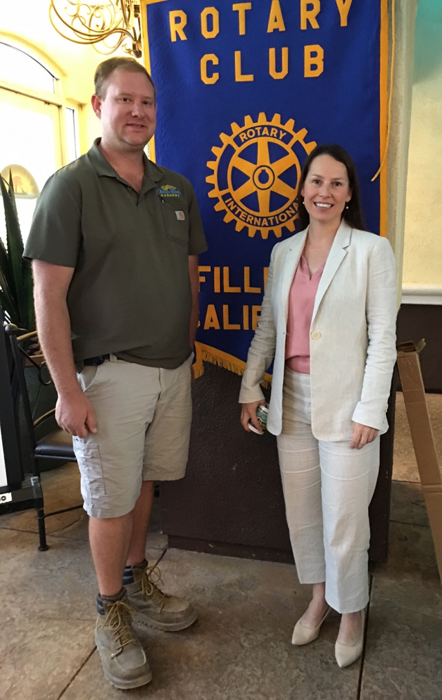 Pictured right is Rotary President Andy Klittich and Twyla Atmore, from Fillmore, who is a Deputy District Attorney for Ventura County. She was the guest speaker at the Rotary Club of Fillmore. The District Attorney assigned her the Sexually Violent Predator cases. She discussed what is involved and how she handles these cases. Photo credit Rotarian Martha Richardson.