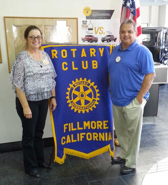 President Julie Latshaw and member Ernie Villegas. Ernie gave the club members a Craft Talk explaining his background in community service and his current activities. Rotary Club of Fillmore meets every Wednesday at 7:00 AM at Bel Air Cafe at Wm. L. Morris Chevrolet.