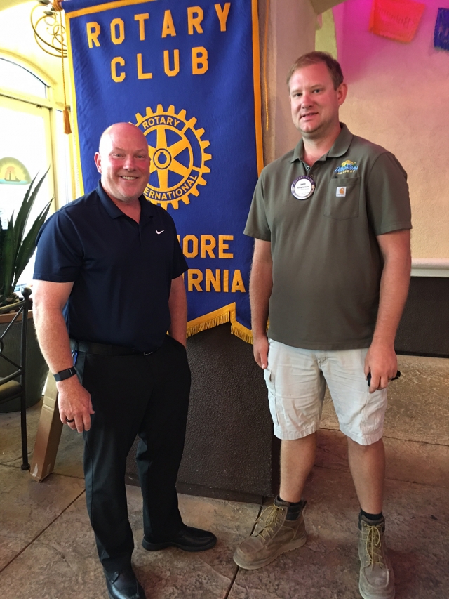 (l-r) Keith Derrick with Rotary Vice President Andy Klittich. Keith Derrick is the new Fillmore High School Principal and was last week’s Rotary speaker. Derrick grew up in Arcadia, and baseball was his passion. He played for several years and had hoped to play professionally, but injuries dashed that hope. He began working at baseball camp and coaching kids, and realized education was what he wanted. He loves a small community and small school and when he became a principal that was where he wanted to be. Some of his goals for Fillmore High are to build quality relationships with the staff and students. He wants each student to have a trusting person on campus they can go to for advice, and he wants everyone to know what is happening on campus and how they can get involved. He hopes to advance academics, support athletics and promote art, music, and clubs, etc. Photo credit Rotarian Martha Richardson.