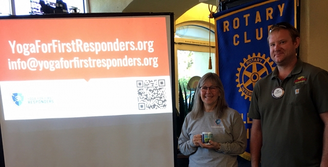 Right is Lisa Hammond, a trained yoga instructor, who spoke to the club last week about her Yoga for the First Responders program. With her is Rotary President Andy Klittich presenting her with a Rotary mug. Lisa’s Yoga for First Responders uses mental and physical training techniques to improve resilience and strengthen the mind and body. It helps first responders move effectively, gain physical strength and releases high stress which also helps with sleep. These techniques are taught at the academy and various departments. Photo courtesy Martha Richardson.