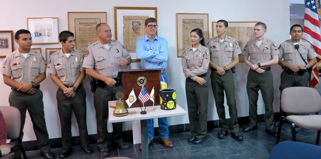 Leo Vasquez, Advisor and Julio Espinoza presented the Fillmore Sheriff Explorers. Several of the students answered questions by Rotary members, about their personal experiences in the program. The Rotary Club presented the Explorer's with a check for $500 for all the help they give the Club, during various events. Pictured are Explorers, Leo Vasquez, Sean Morris, Rotary President and Julio Espinoza.