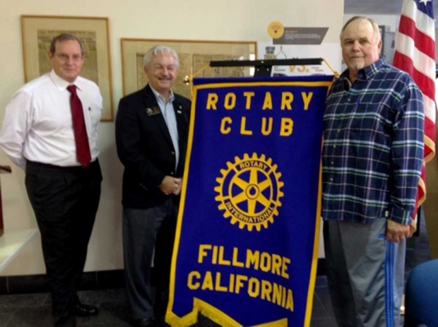 The Rotary District Governor, Jim Bell attended the recent Rotary meeting and inducted new member Dave Andersen. Pictured (l-r) are Kyle Wilson, President, District Governor, Jim Bell and new member Dave Andersen.