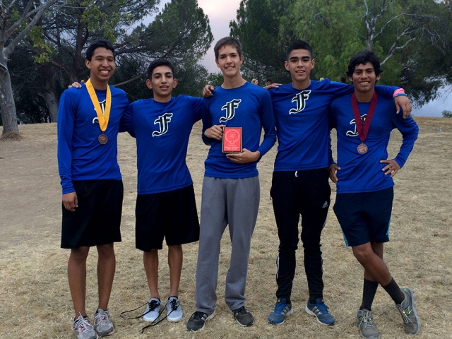 Boys Varsity places 5th at the Ventura Country Cross Country Championships. (l-r) Francisco Erazo, Jorge Hurtado, Luis Landeros, Ismael Dominguez and Jose Rodriguez