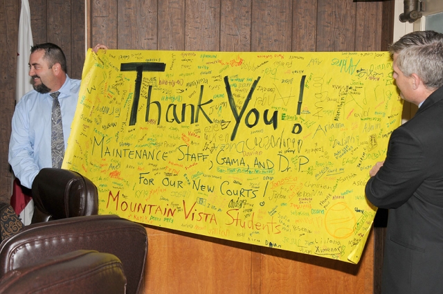 The Students at Mountain Vista Elementary thanked Superintendent Dr. Adrian Palazuelos and the maintenance
staff for the school court’s new blacktop.