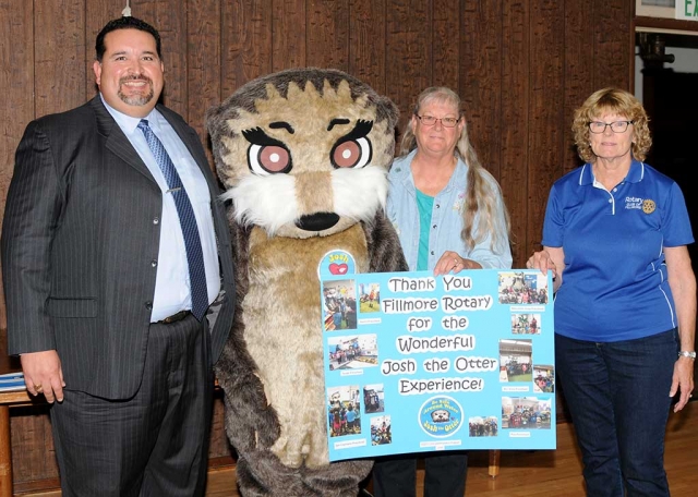 Left to right, FUSD Superintendent Dr. Adrian Palazuelo, Baby Otter, Cindy Blatt, and Martha Richardson, introduce Fillmore Rotary Club’s effort to teach small children how to float, and swim. With a book about a baby otter learning how to float, the program alerts parents to the dangers of drowning when pools are unattended.