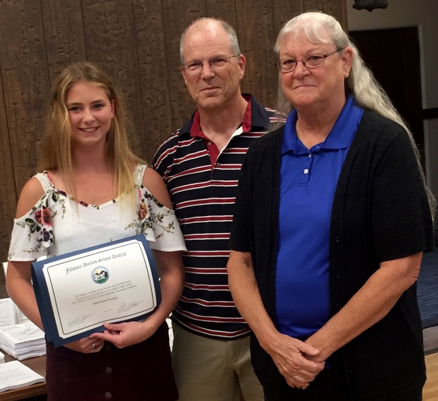 At Tuesday’s School Board meeting Fillmore High School’s Katrionna Furness was recognized for her accomplishments this year as the CIF Southern Section Division 4 Swim Champion. Picture with Kat are FHS Swim Coaches Mike and Cindy Blatt. Kat will also be recognized by the VC Board of Supervisors next Tuesday morning at the VC Government Center, and the Fillmore City Council that evening.