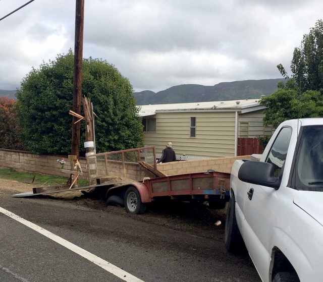 At approximately 3:45 PM, 3-11-16, Fillmore deputies and fire personnel responded to a non-injury collision at 220 E. Telegraph Rd. The driver, 47-year-old Hector Barajas of Piru, was eastbound SR-126/Telegraph Rd. He was driving at an unsafe speed for conditions (wet road) and, while trying to avoid colliding into the back of another vehicle, swerved, lost control, and collided with a telephone pole at the address. Barajas was uninjured and no other vehicles were involved. Report courtesy: Sgt. Kevin Vaden