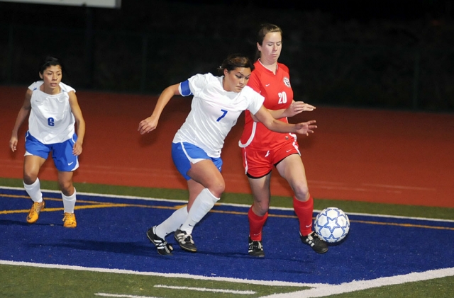 Jasmine Medina #7 defends the ball agianst Grace Bretheren. Fillmore lost 2-0.