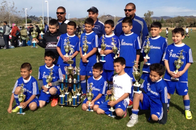 Fillmore took second place in the Oxnard Youth Soccer League. They played against Leon from Oxnard in the finals and won 2-0. (l-r) (bottom) Mathew, Sebastina, Deigo, Jathan, Alfredo. (top) Ivan, Julio, Armando, Fernando, Angel, Dante, Adrian. Coaches Damian, Joe, Javi.