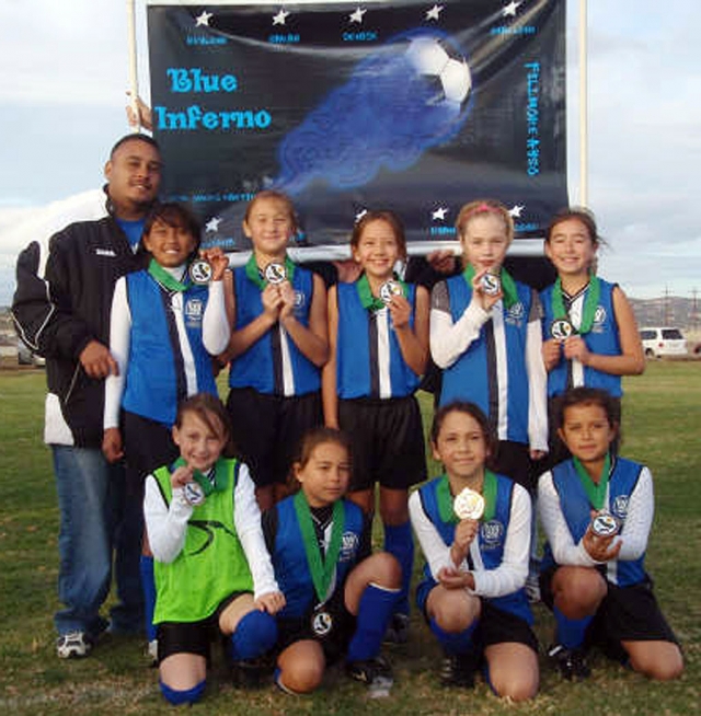 Top Left to right: Coach Omero Martinez, Reylene Martinez, Ryan Nunez, Aviana Ramirez, Sarah Stewart, Shaelene Inda. Bottom Row Left to Right: Emma Couse, Bella Olivares, Maddie Charles, & Denise Santa Rosa. Congratulations Ayso Girls BLUE INFERNO for taking 4th place out of 25 teams from Ventura and Santa Barbara Counties in 10&U AYSO Soccer, last weekend held in Camarillo. WAY TO GO GIRLS!!!!