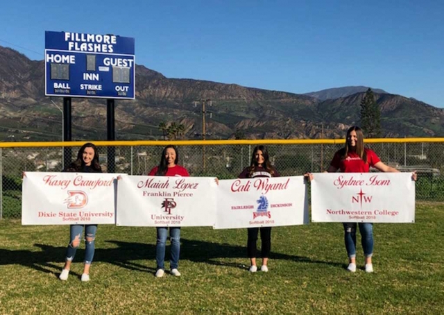 Come join us in celebrating Fillmore High School seniors who will be playing softball at the collegiate level while also furthering their education. Fillmore High School Softball Center Fielder, Kasey Crawford will be attending Dixie State University in Saint George, Utah, Pitcher, Sydnee Isom will be attending Northwestern College in Orange City, Iowa, Shortstop, Cali Wyand will be attending Fairleigh Dickinson University in Teaneck, New Jersey and 2nd Baseman, Maiah Lopez will be attending Franklin Pierce University in Rindge, New Hampshire. Please join us on April 11th at 6:00pm in the Fillmore High School gym to celebrate as the girls will be signing their National Letter of Intent.